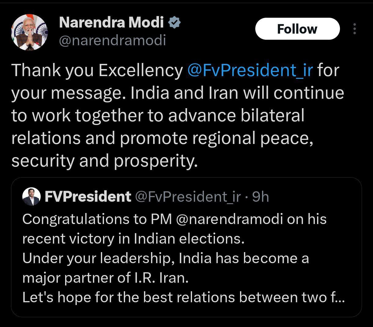 قدردانی نخست وزیر هند از سرپرست ریاست جمهوری ایران