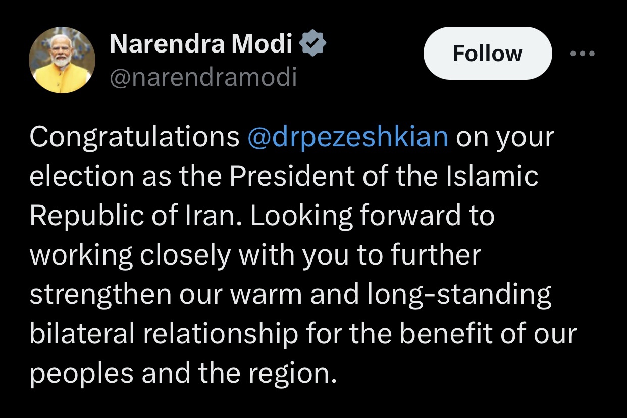پیام تبریک نخست وزیر هند به رئیسجمهوری منتخب ایران