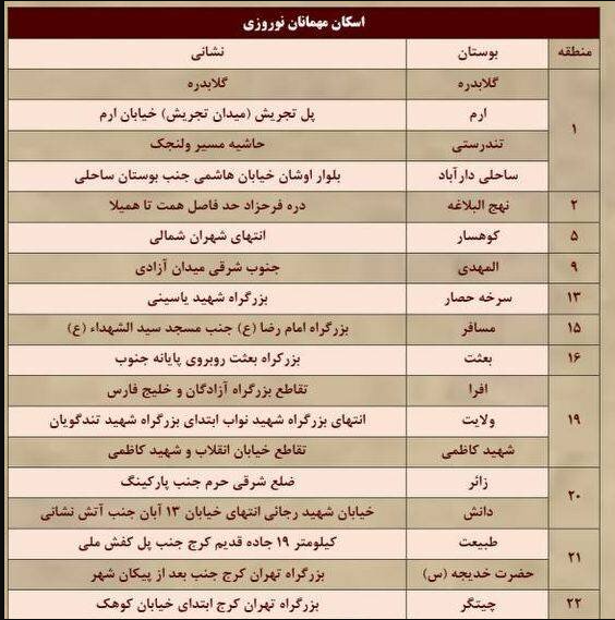 تعیین ۱۸ فضای اسکان نوروزی در ۱۱ منطقه پایتخت