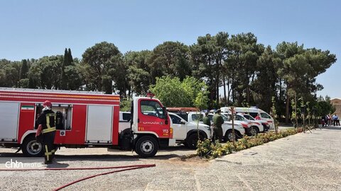 مانور آمادگی امدادگران و نهادهای خدماتی برای حفاظت از آثار در حین و پس از بحران در مکان باغ جهانی دولت آباد