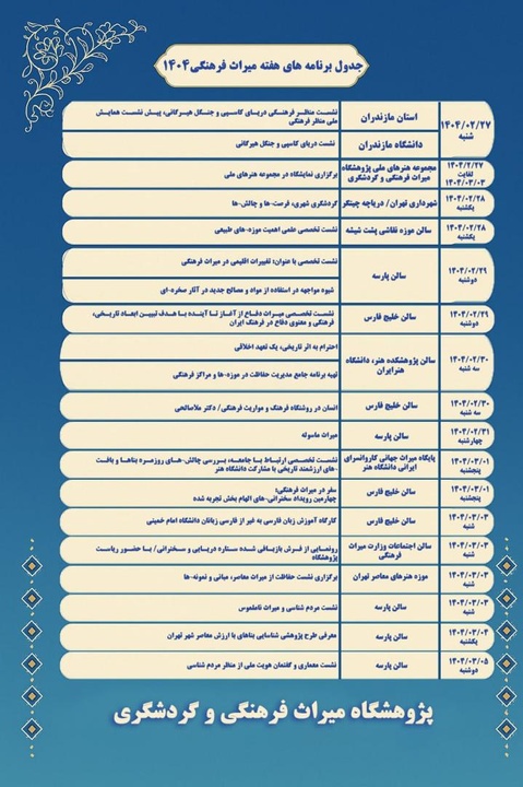 برنامه‌های پژوهشگاه میراث‌فرهنگی و گردشگری در هفته « میراث‌فرهنگی و آینده» اعلام شد/ اجرای ۲۰ برنامه متنوع