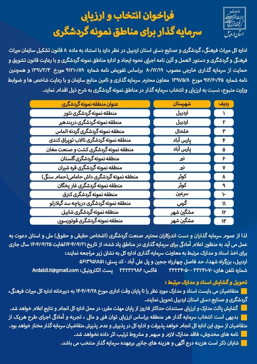 ۱۳ منطقه نمونه گردشگری استان اردبیل به سرمایه‌گذاران بخش خصوصی واگذار می‌شود