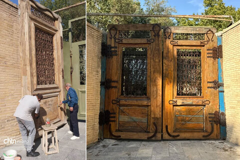 پایان عملیات مرمت اولیه در چوبی تاریخی باغ‌موزه چهلستون اصفهان