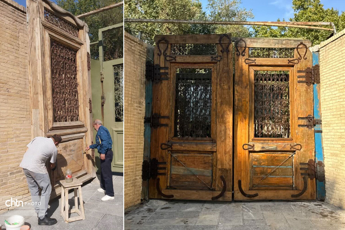 پایان عملیات مرمت اولیه در چوبی تاریخی باغ‌موزه چهلستون اصفهان